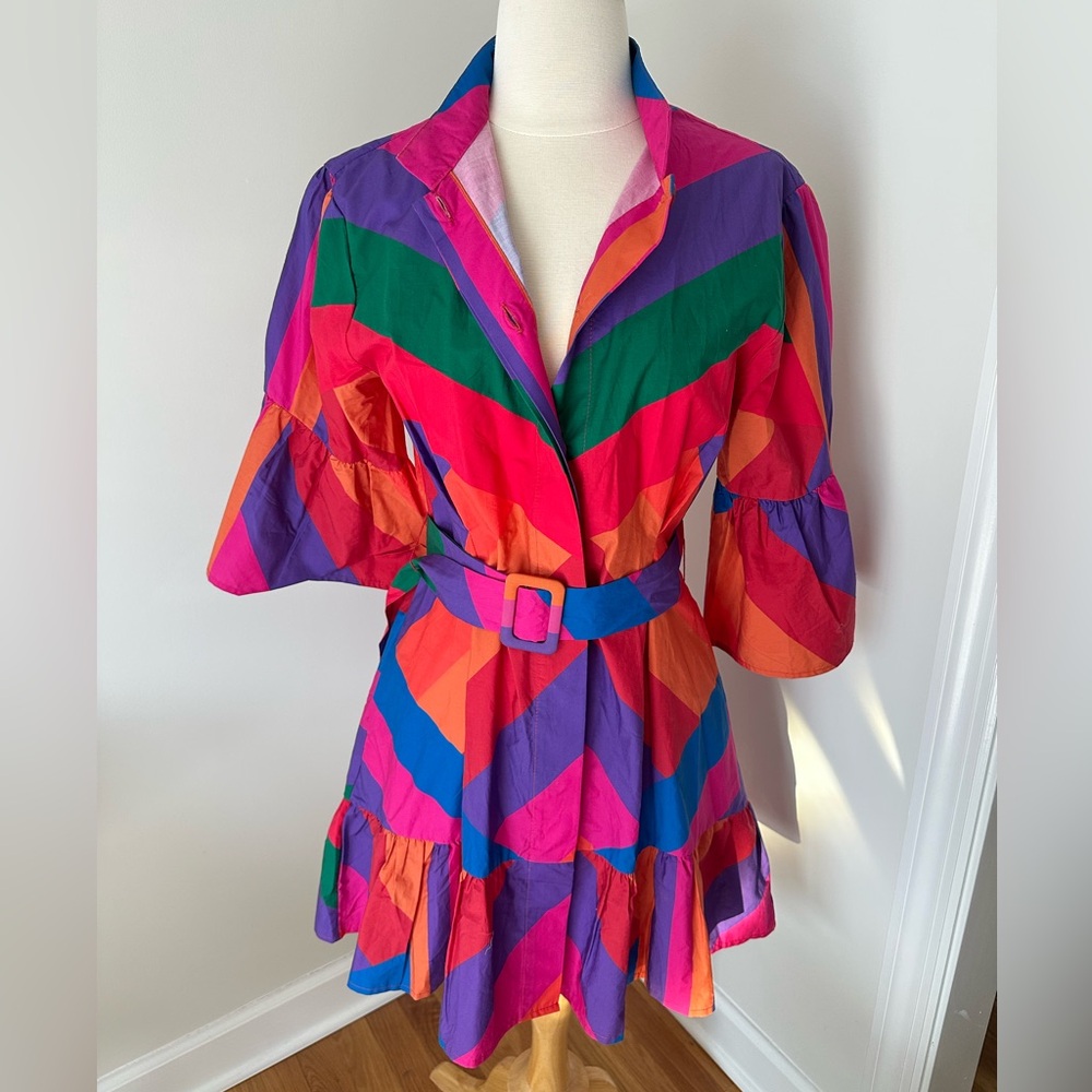 FARM Rio Amanda Stripes Mini Ruffle Buttoned Mock Neck Bell Sleeve Dress - Picture 4 of 15